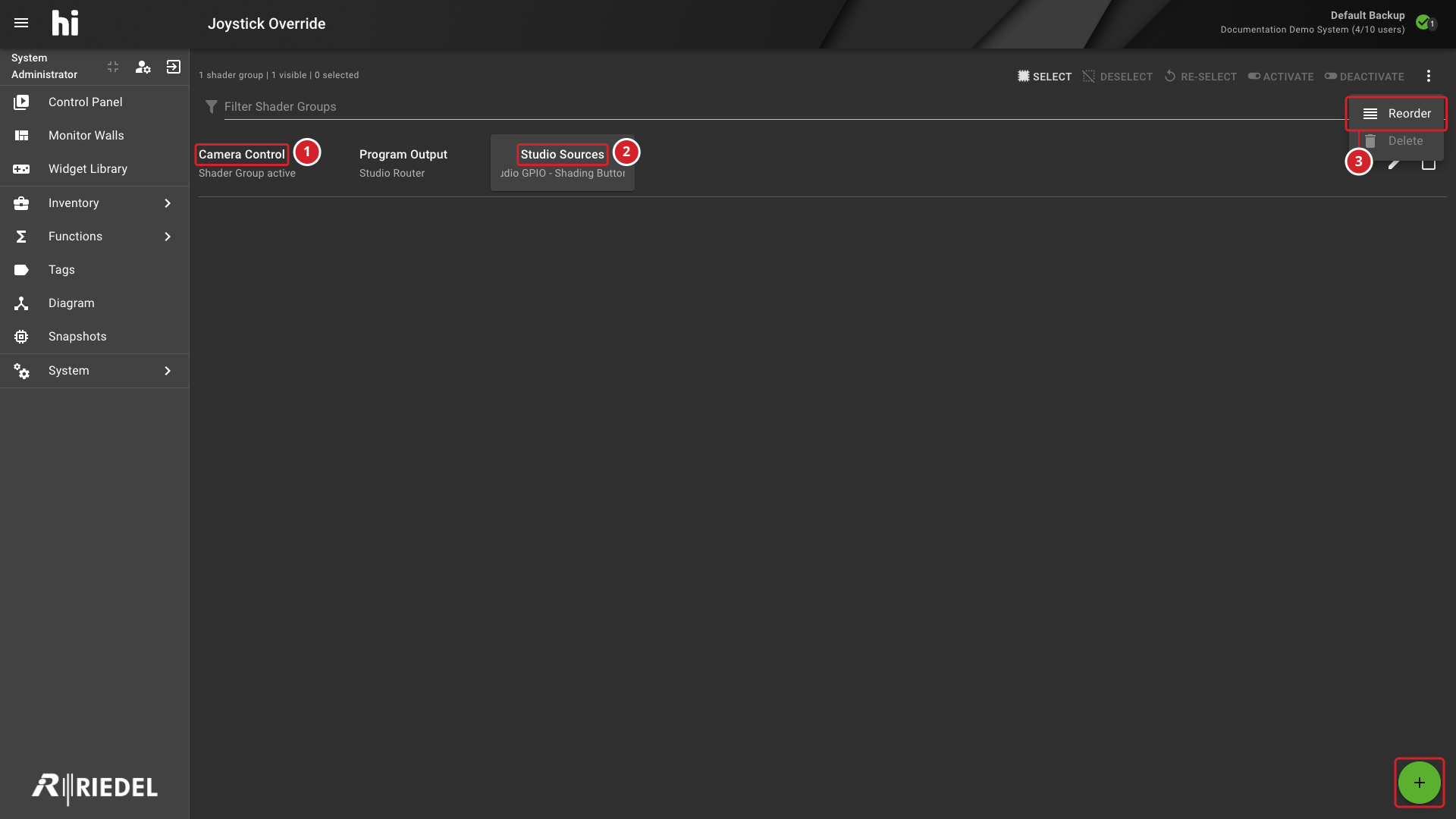 Joystick Override Page Showing an Example Shader Group