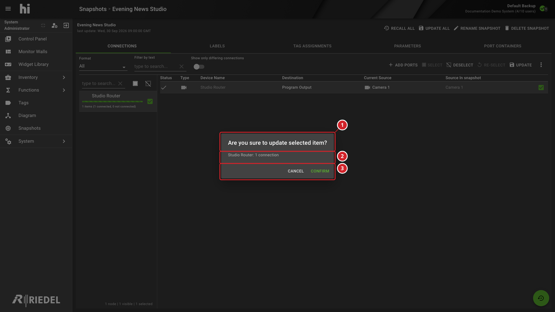 Confirmation for Updating Selected Snapshot Items From Current System State