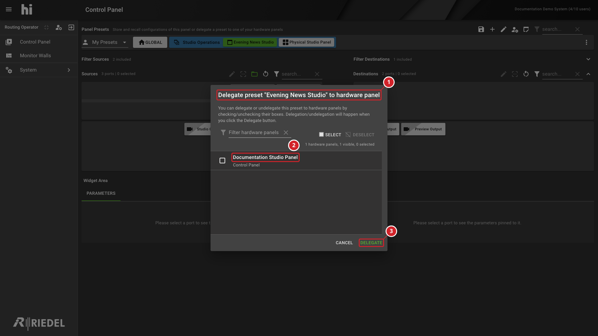 Preset Delegation Dialog and Available Hardware Panel