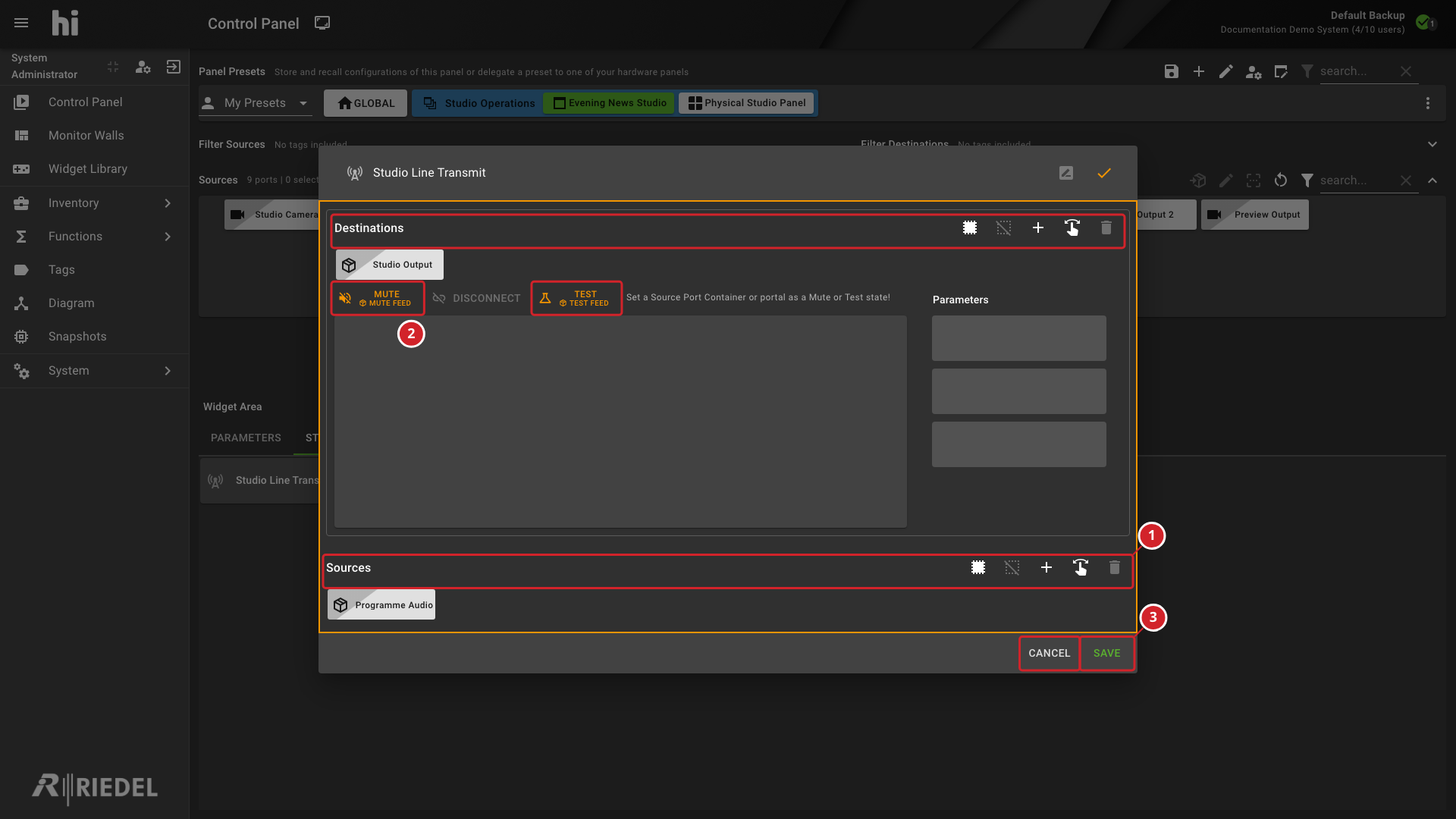Line Transmit Widget in Edit Mode with Configured Sources