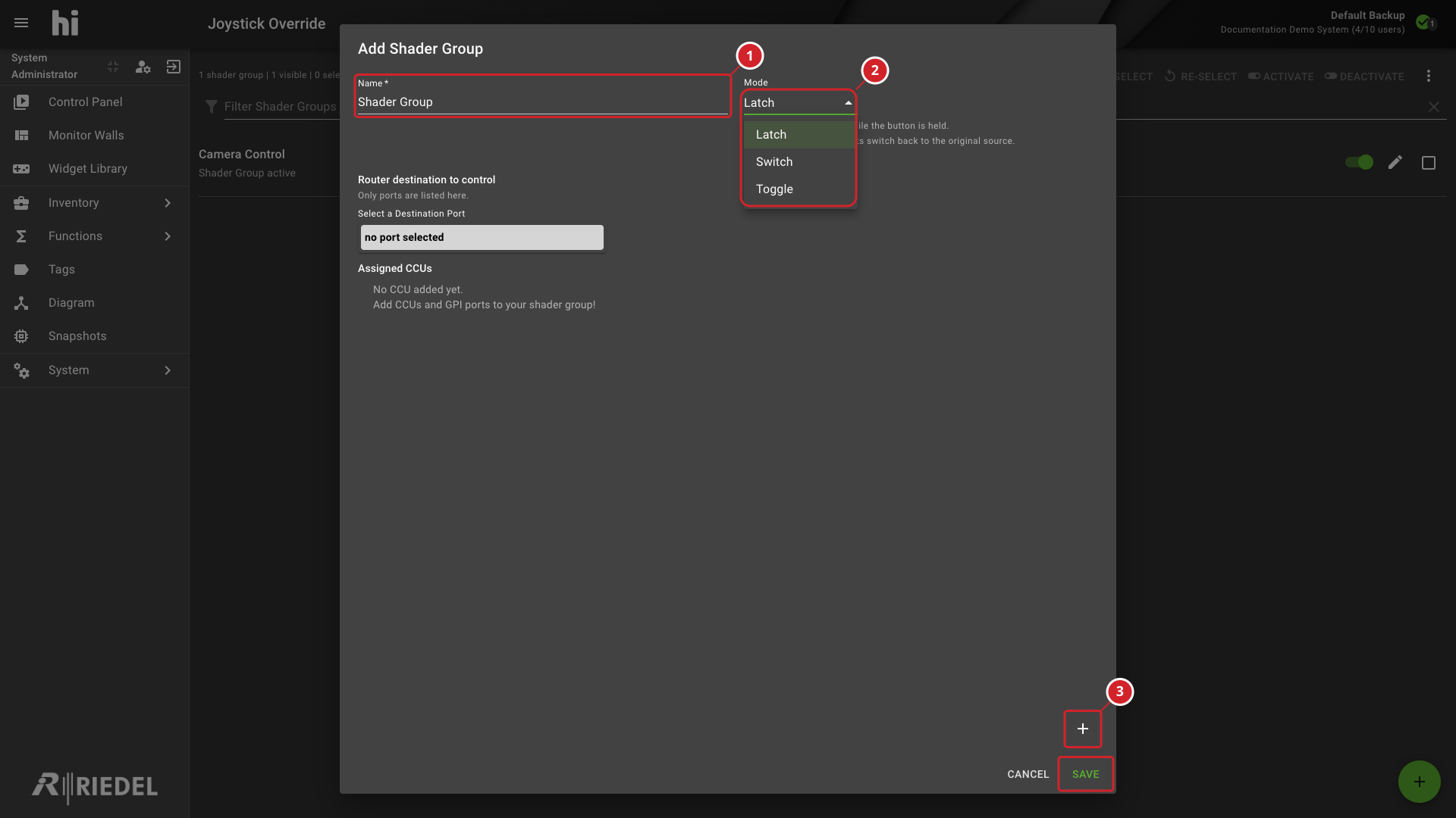 Add Shader Group Dialog with Mode and Destination Configured
