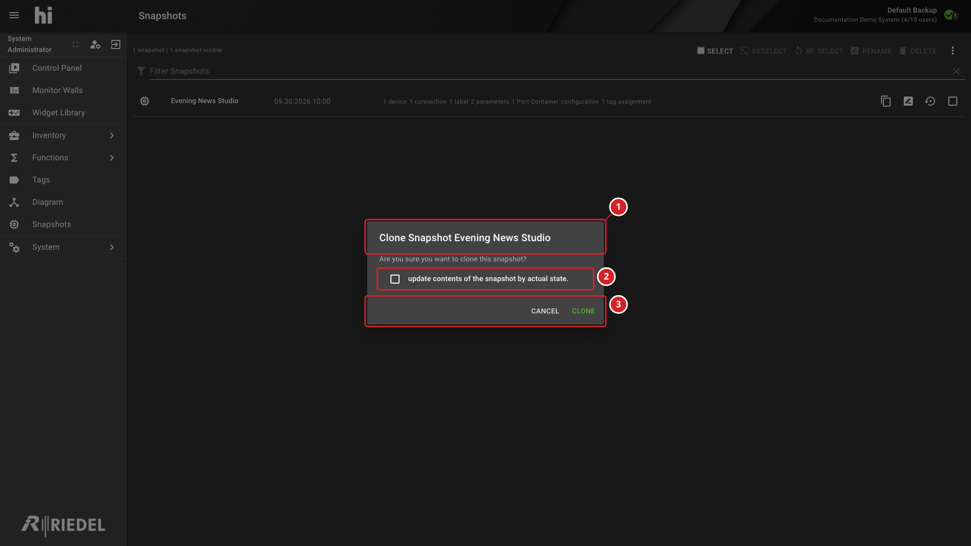 Clone Snapshot Confirmation Showing the Live-State Option