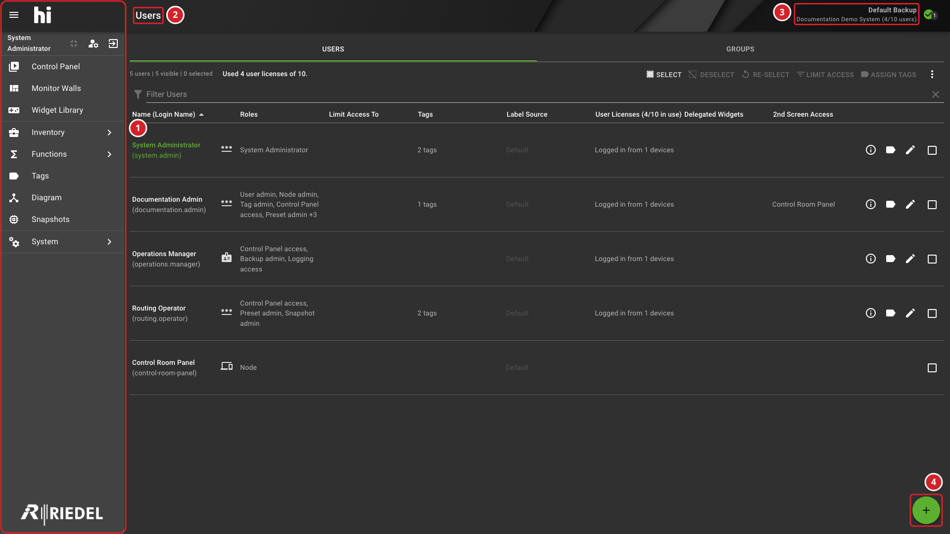 Annotated hi Web Interface Showing the Menu, Current Page, System Status, and Workspace