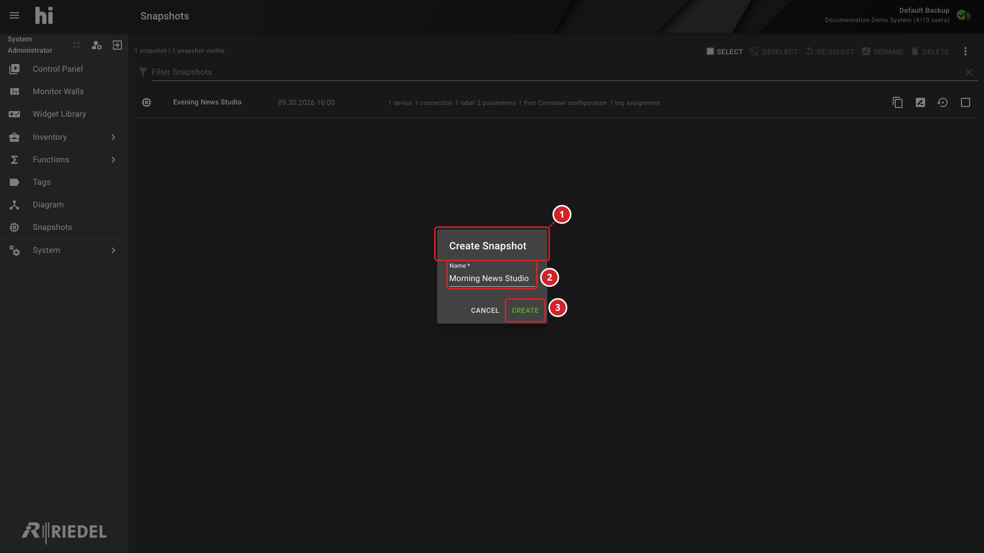 Create Snapshot Dialog With a Name and Create and Cancel Actions