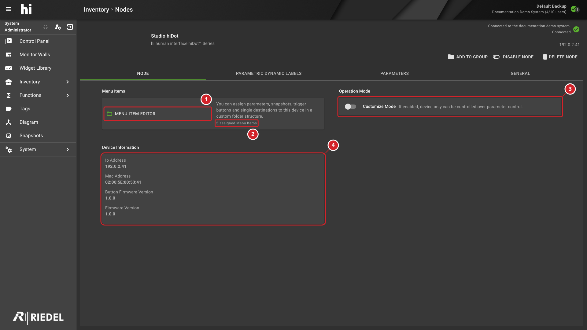hiDot Node Tab with Menu Item Editor and Operation Mode