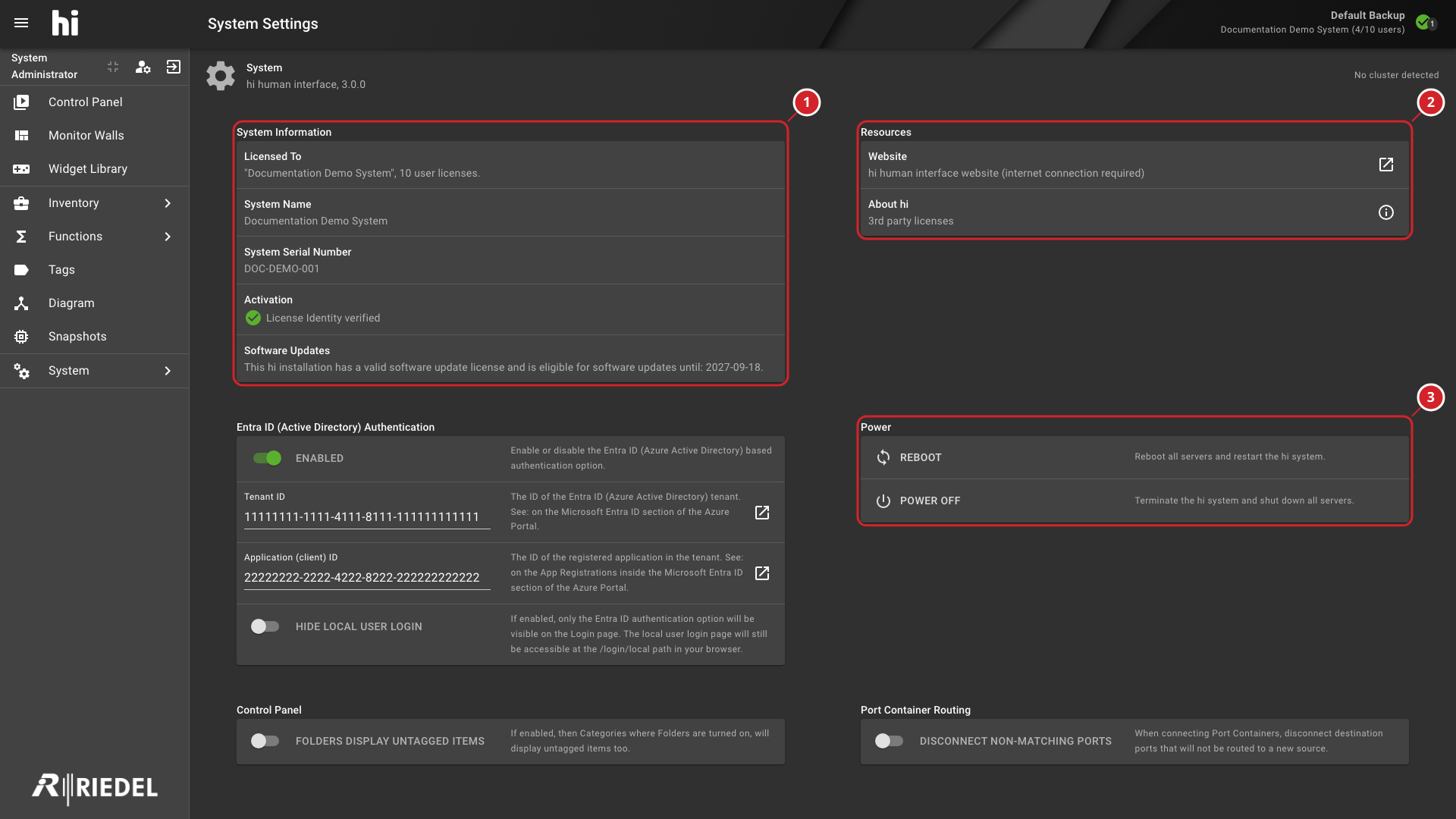 System Settings Overview with System Information (1), Resources (2), and Power (3) Panels Annotated