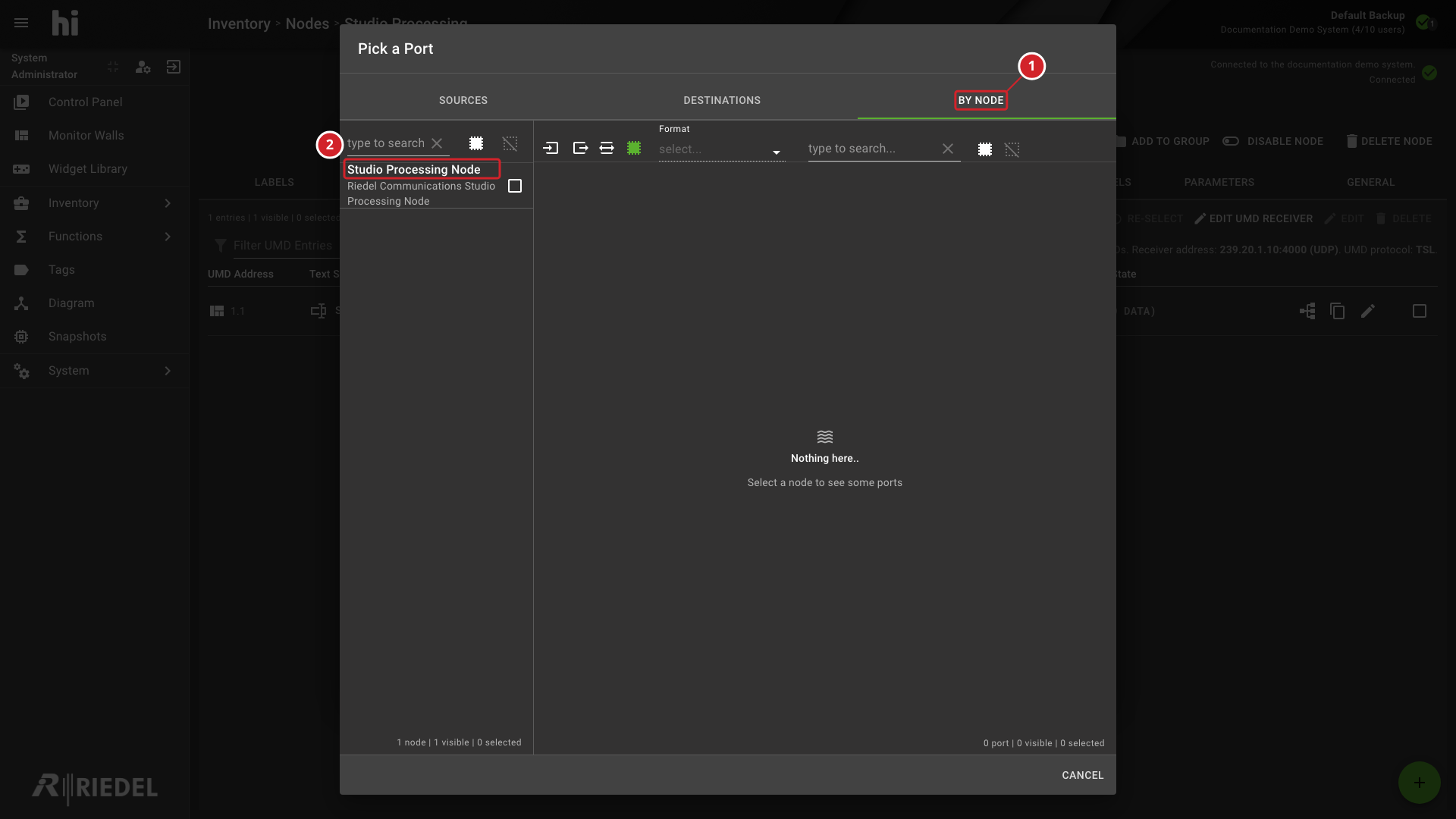 Port Picker in By Node View Showing the Studio Processing Node