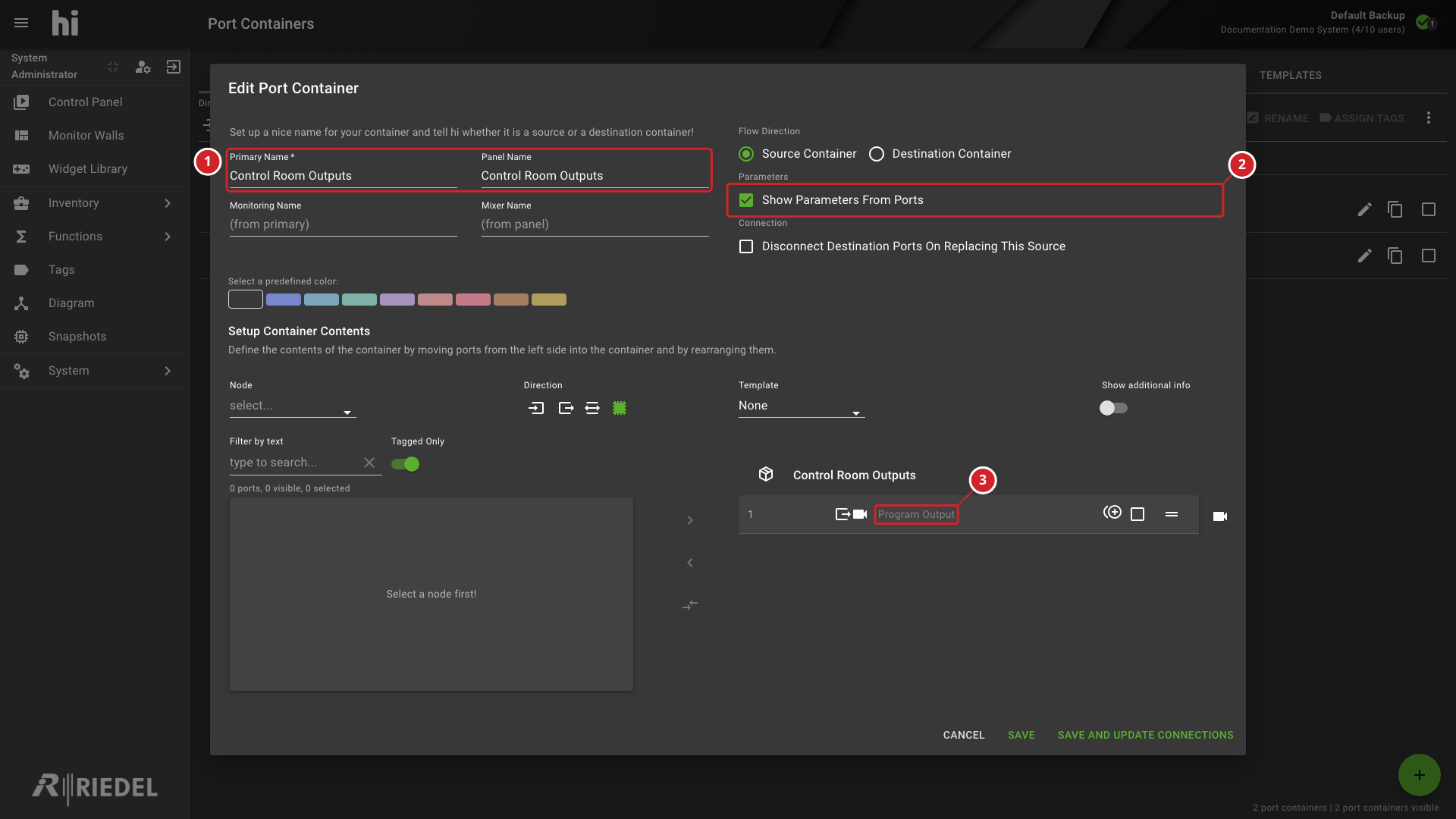 Port Container editor showing parameter inheritance from a mapped Flow Port