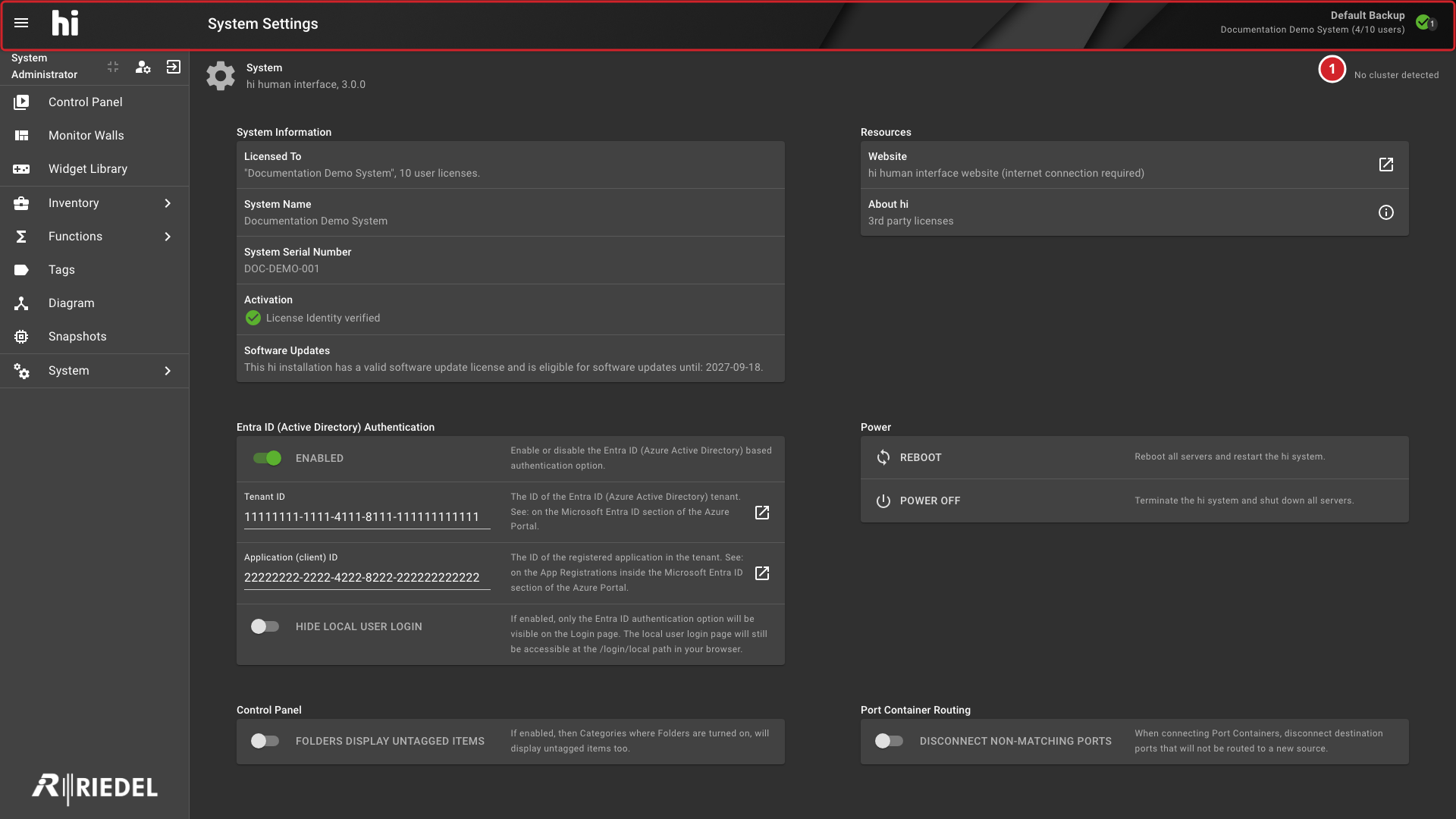 System Settings Page with the Application Header Annotated