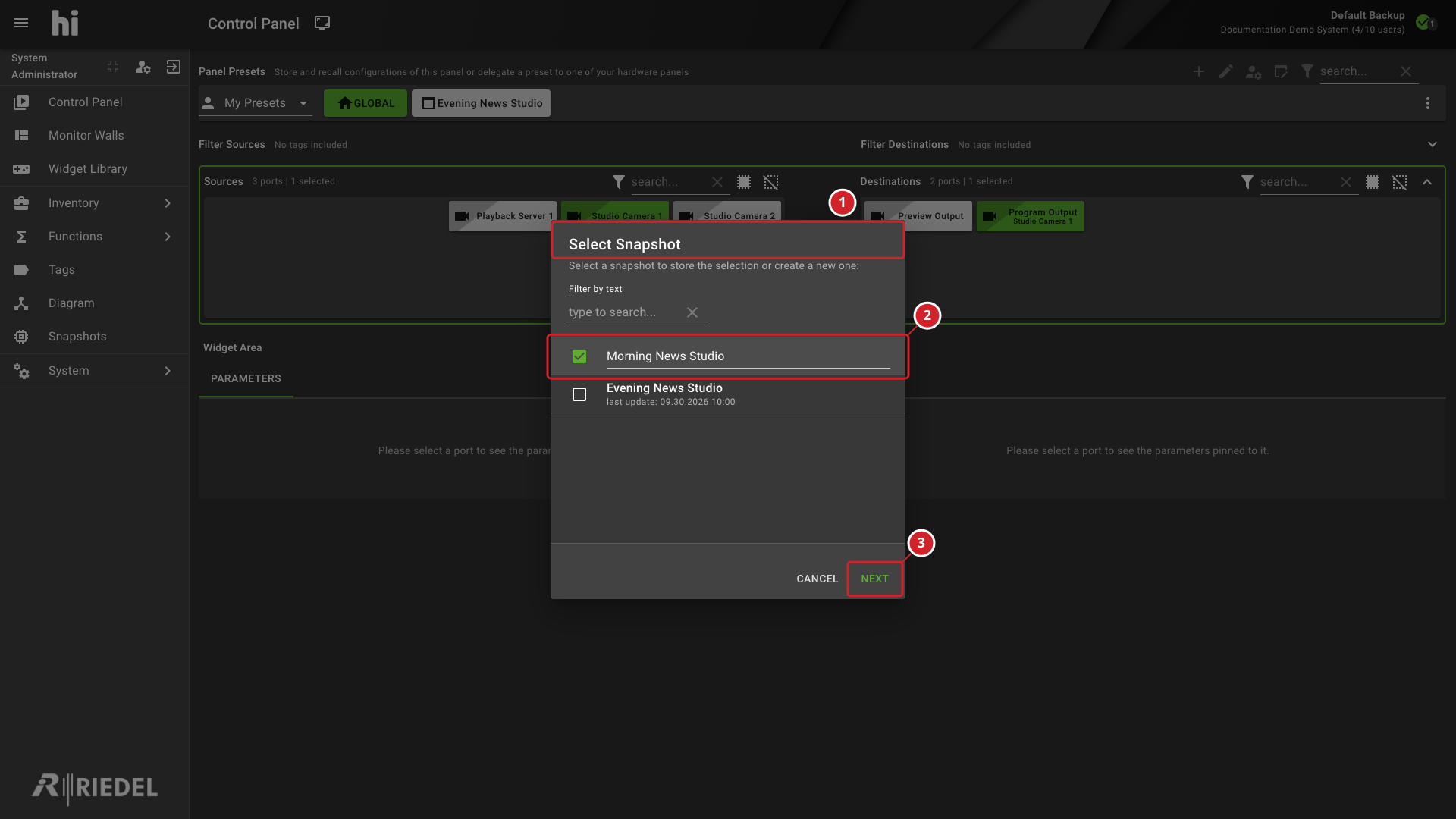 Snapshot Selection Dialog with a New Name Entered