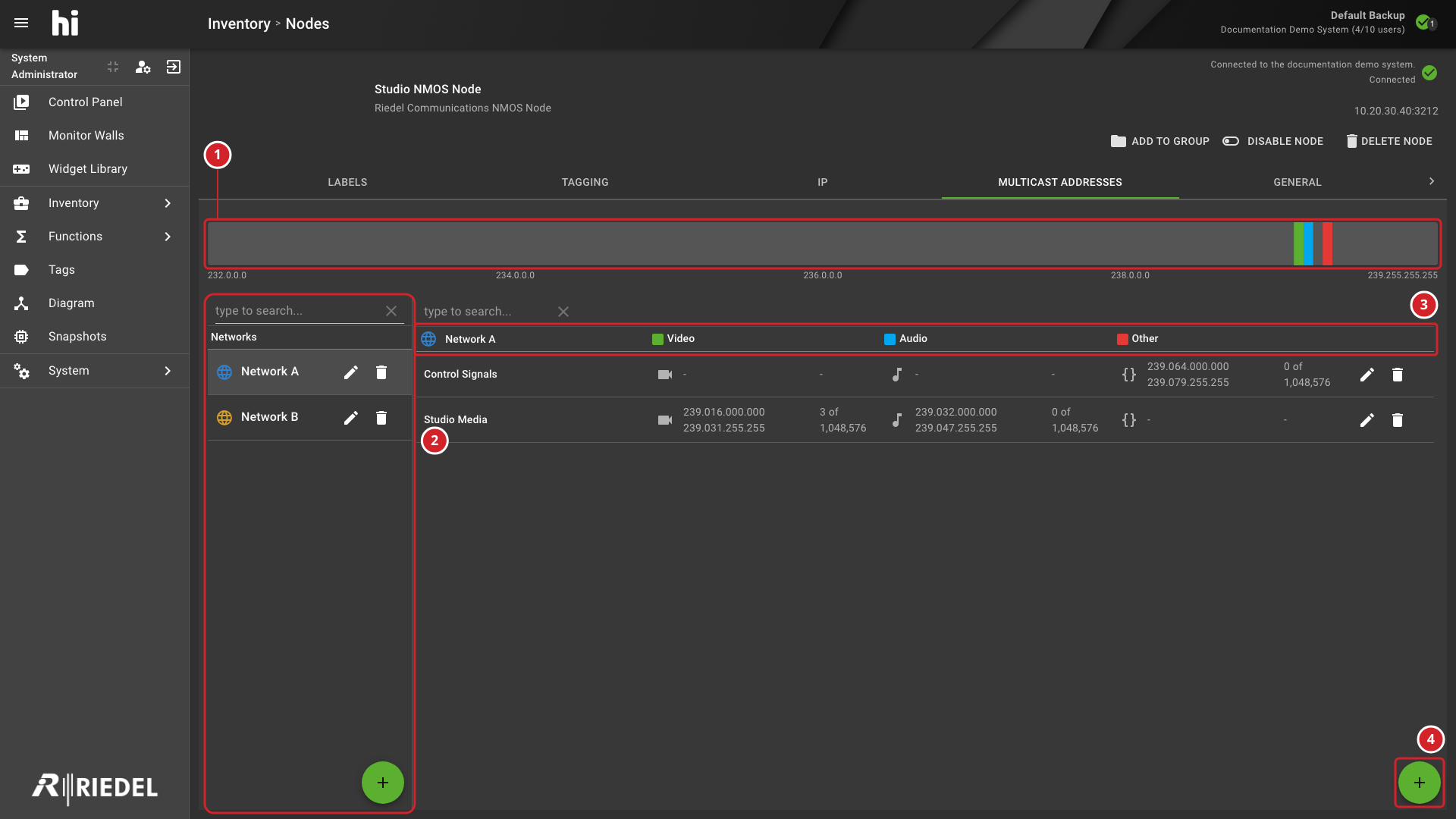 Multicast Addresses Tab with Address Space Bar, Networks, and Ranges