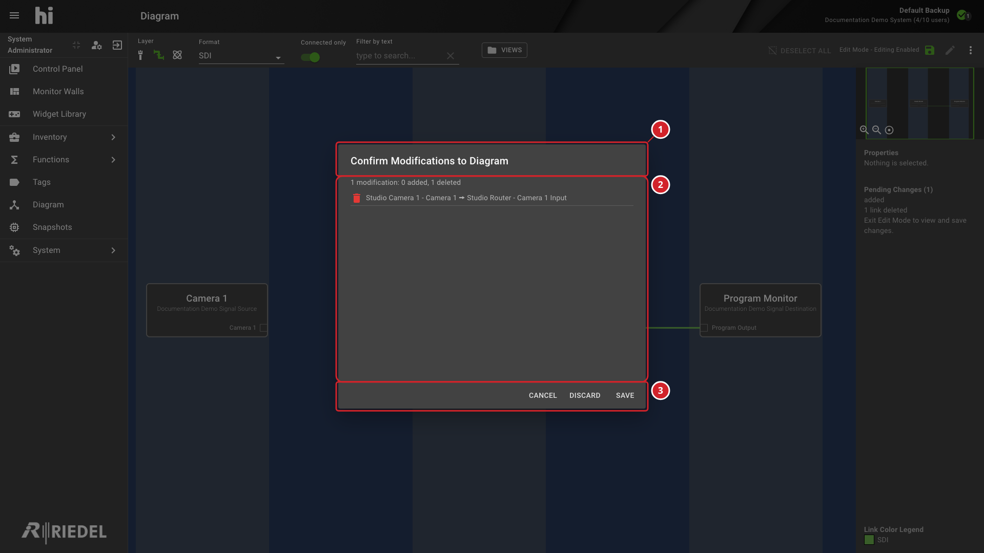 Diagram Confirmation Dialog Showing a Pending Wire Deletion and Save Controls
