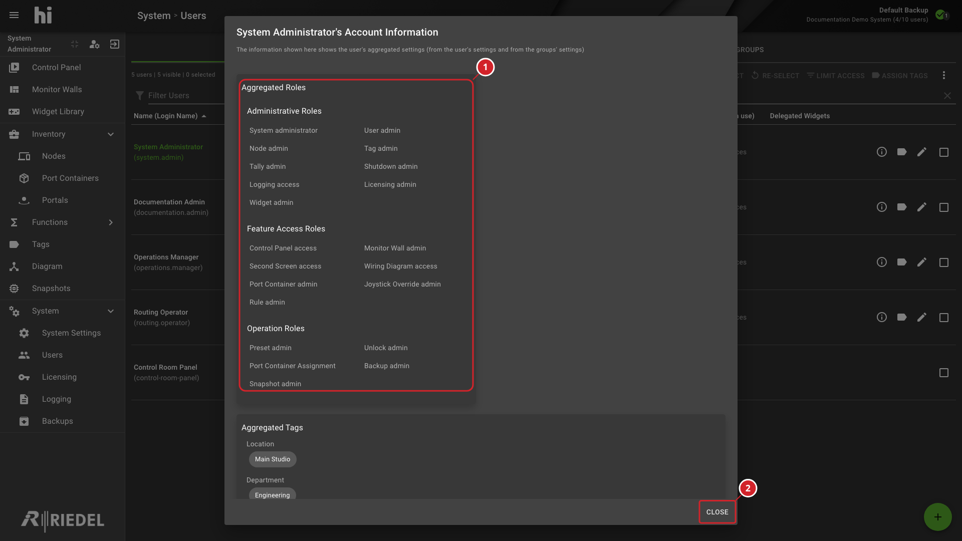 Account Information Dialog Showing Effective Roles by Category