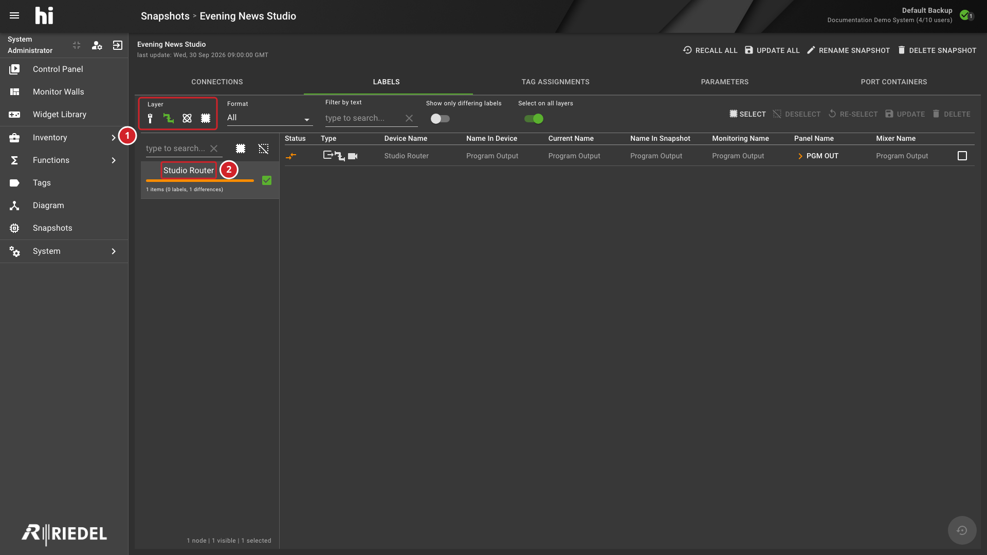 Snapshot Labels Tab with the Layer Selector and Stored Label Groups Annotated