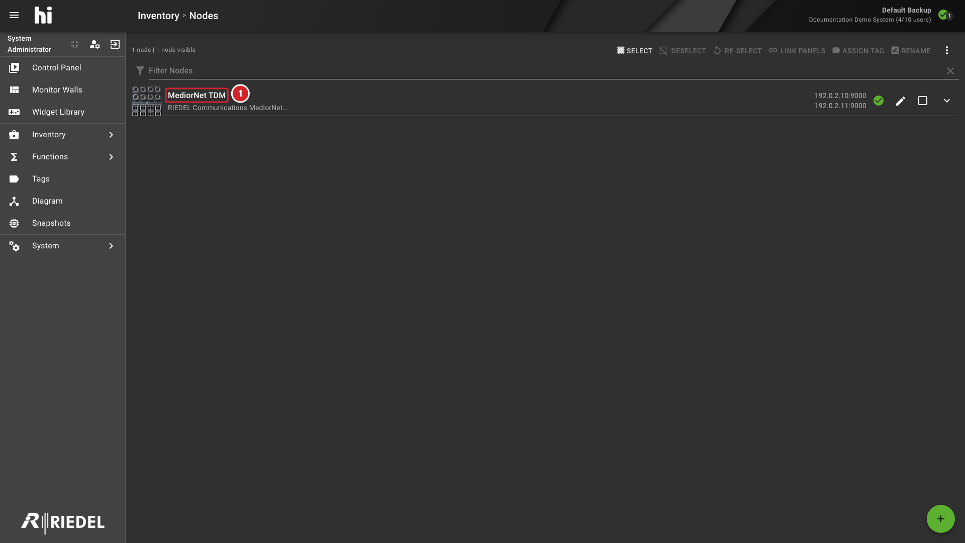 Node List Showing the MediorNet TDM Identity, Address, and Connection State