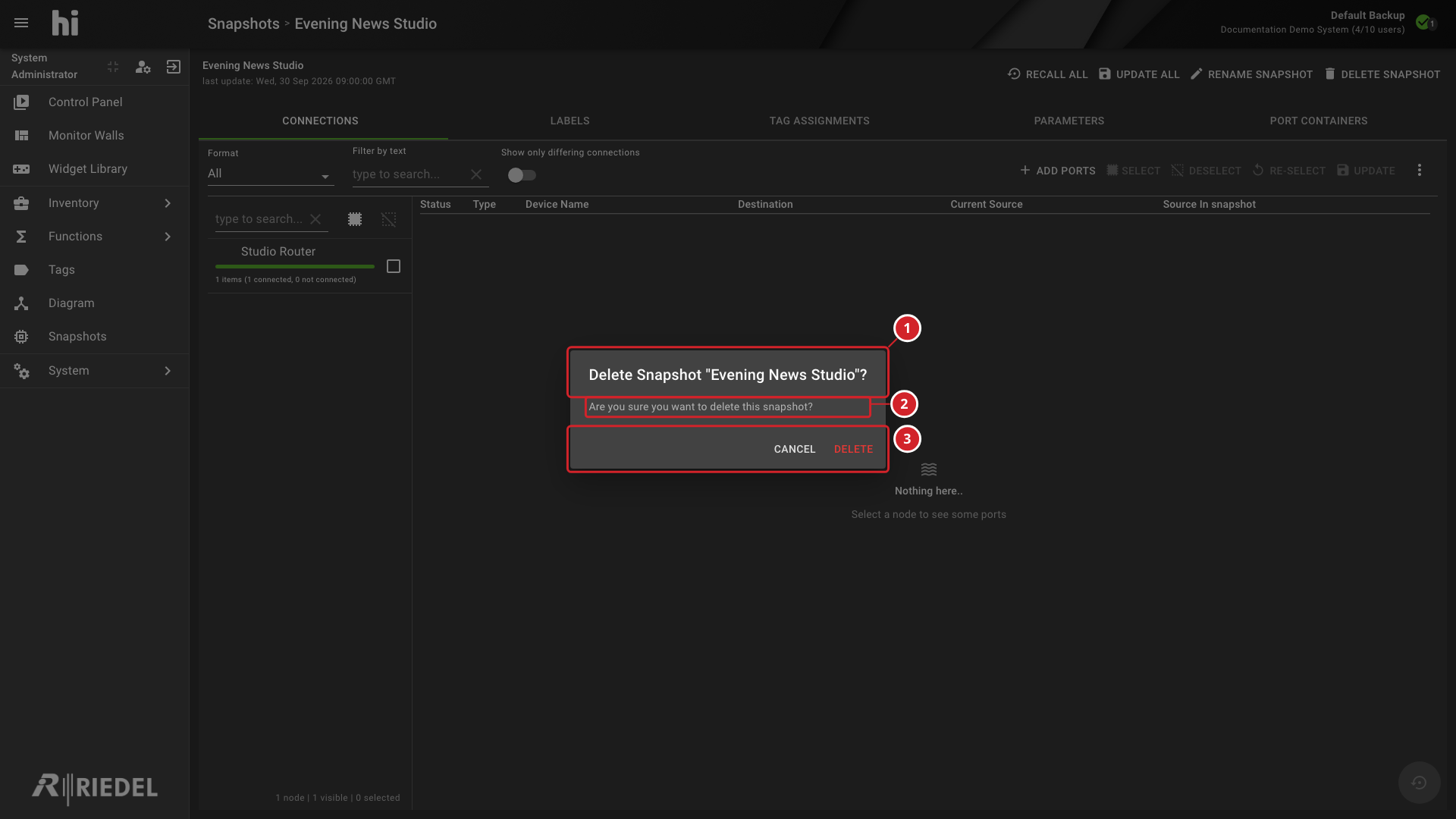 Delete Snapshot Confirmation With the Selected Name and Permanent-Delete Warning