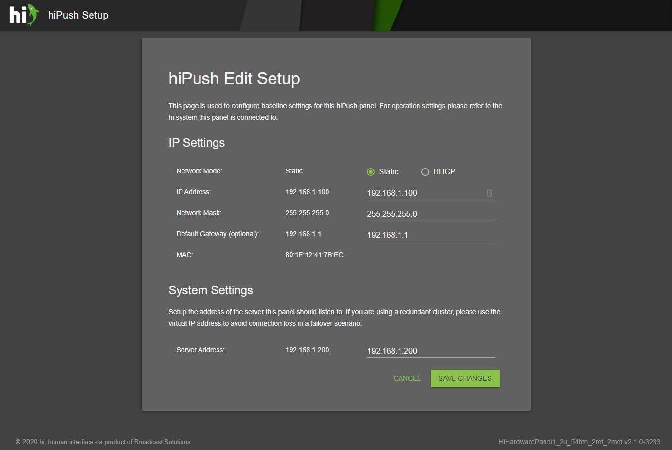 hiPush Edit Setup Screen Showing Static Network Mode, Panel Address, and hi Server Address Fields